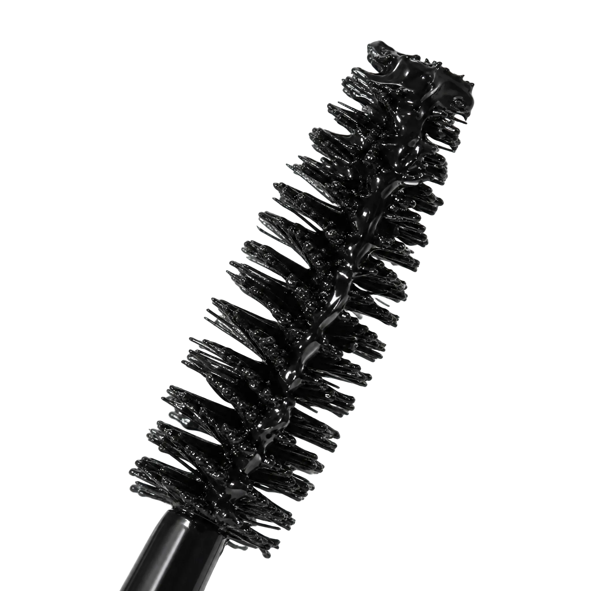 A close-up of a black mascara wand with a spoolie brush coated in glossy black mascara, set against a clean light gray background.