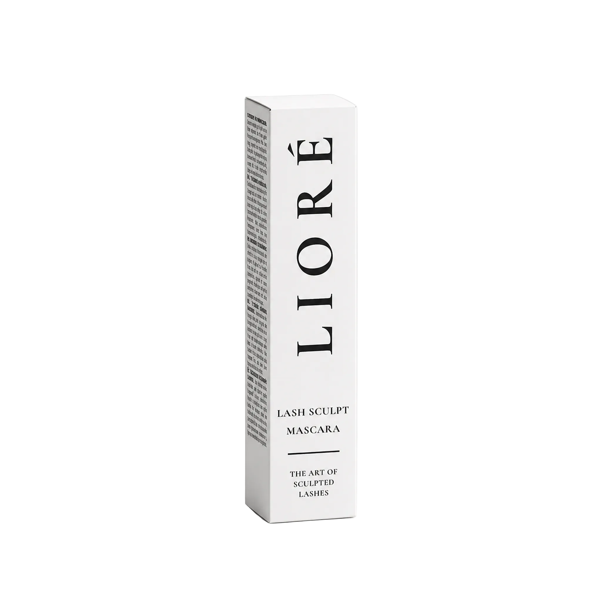 A tall, slim white rectangular box for LIORÉ Lash Sculpt Mascara, featuring black text on a clean white background, photographed against a neutral light gray studio backdrop.